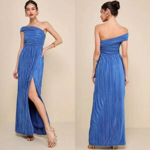 Lulus Poised Performance Blue Plisse One-Shoulder Maxi Dress Wedding Party Prom